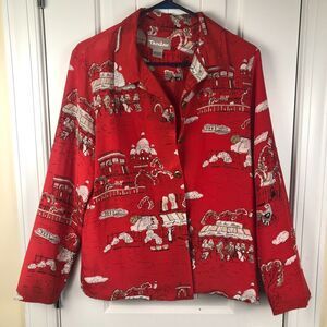 VTG TanJay Silk Jacket Shirt Red Paris Scenic Print Small 90s Art To Wear Resort
